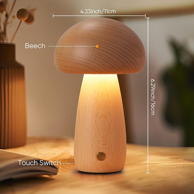 2 Pack Wooden Mushroom Lamp, Portable Cordless Touch Switch Small Rechargeable Battery Operated Lamp,Stepless Dimming,