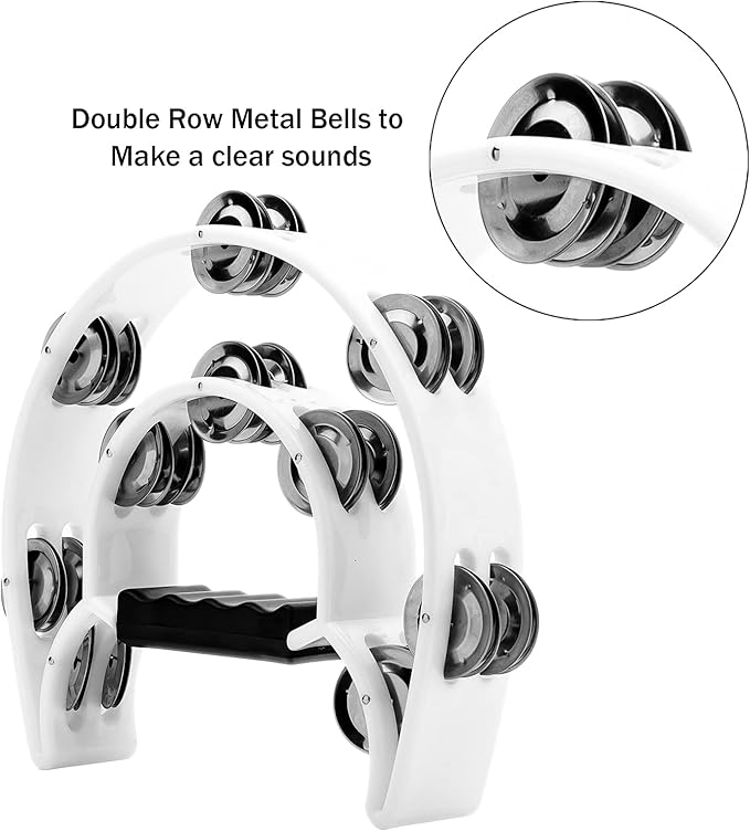 Musfunny Tambourine with Double Row Metal Jingles Hand Held Percussion Tambourines Musical Educational Instrument for Adults Church KTV Party (White)