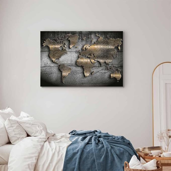 artgeist Canvas Wall Art Print World map 35x24 in - 1pcs Home Decor Framed Stretched Picture Photo Painting Artwork Image Prints map Continents Modern Art Black Gold Abstract k-A-0498-b-a