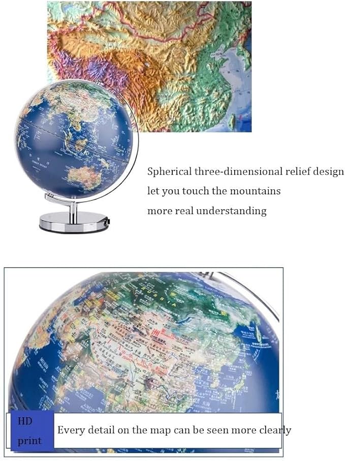 Decorative Globe with LED Light, 9.84"/11.81" HD Geographic Globe, Chinese & English Relief Map for Students & Teaching, Rotating Stand