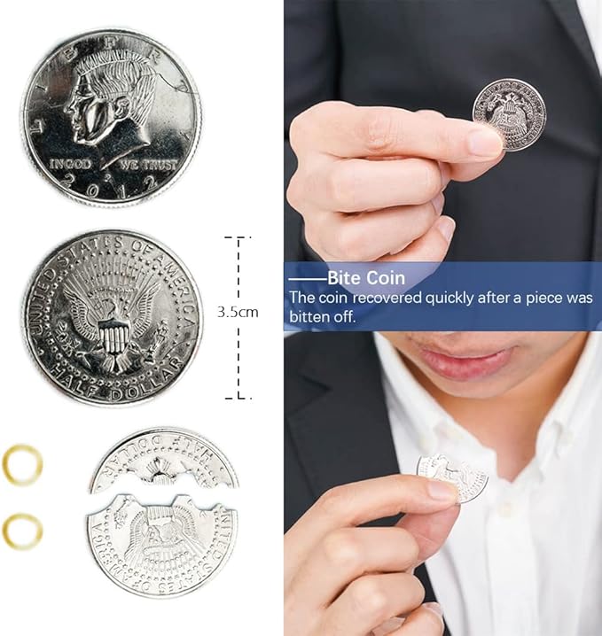 Neliky Magic Tricks Kit Including 4 Classic Tricks - Bite Coin, Color Change Silk, Disappearing Silk Fake Thumb Tip,Magic Ring Chains for Streets Magic Props Set and Close Up Magician Kit