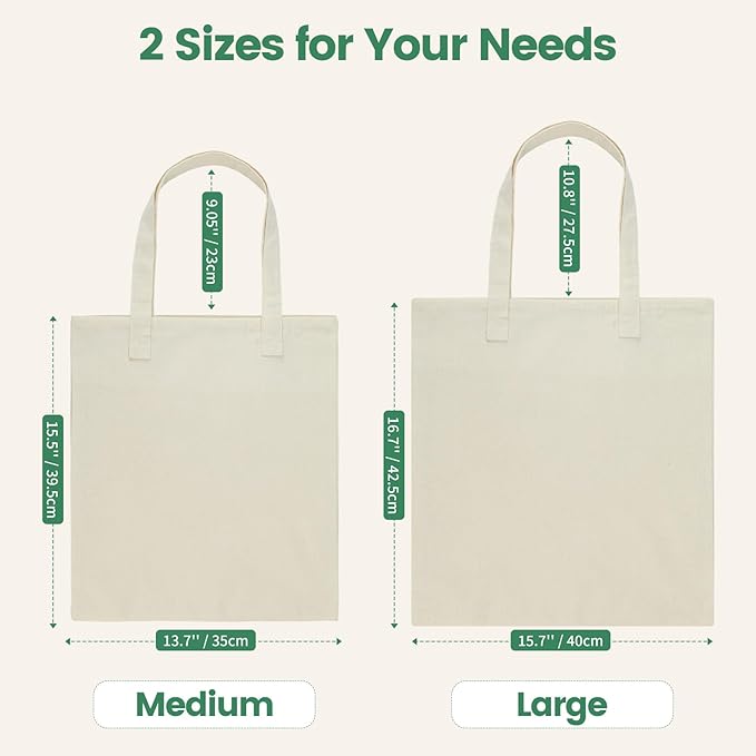 12 Pack Large Canvas Tote Bag - Lightweight Thin Tote Bags Bulk Blank Shopping Reusable Grocery Bags for DIY Gift Sublimation Activity - Beige