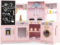 HONEY JOY Corner Play Kitchen, Large Wooden Pretend Toy Kitchen Set w/Lights, Ice & Coffee Maker, Range Hood, Chalkboard, Microwave, Cookware, Little Chef Kids Kitchen Playset for Toddlers (Pink)