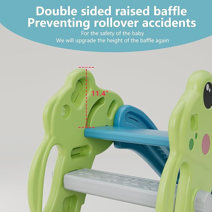 Toddler Slide, Green Playful Style, Kids Slide Playset with Ball & Hoop, Non-Slip Steps, Indoor Outdoor, 1-3 Years
