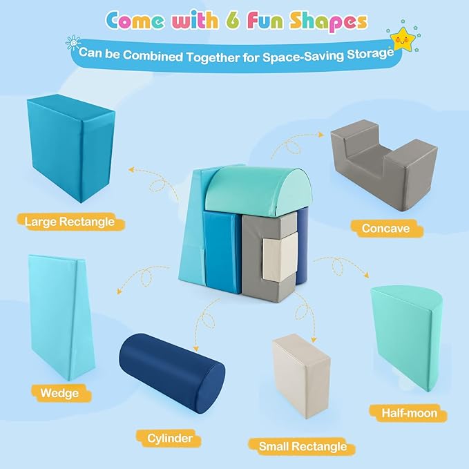 HONEY JOY 6-Piece Climb and Crawl Playset, Soft Climbing Foam Block Activity Play Structure Gym Equipment for Infant Baby, Color Coordination, Waterproof Indoor Climbing Toys for Toddlers (Blue)