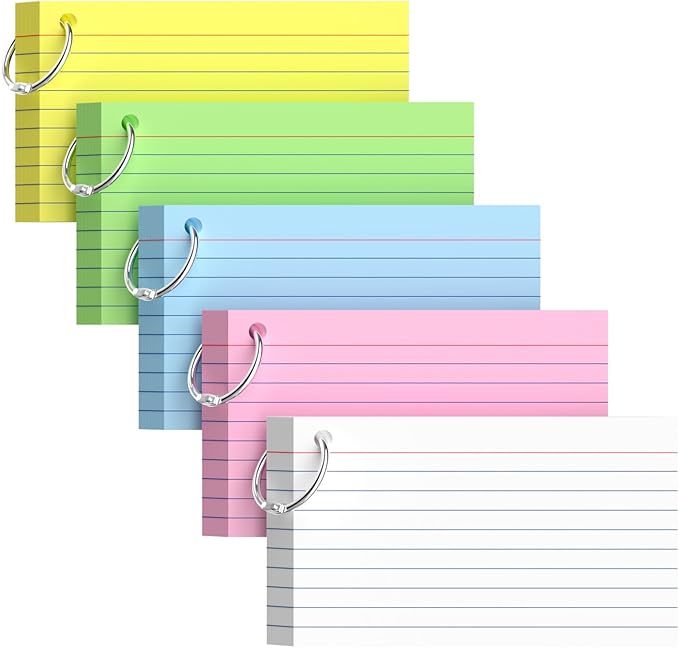 250-Pack Colored Index Cards 3x5 Inch w/Key Ring – 180gsm Heavyweight Flashcards – 5 Vibrant Colors Flash Cards (White Pink Blue Yellow Green) – Perfect for Study & Notes, Students School Supplies