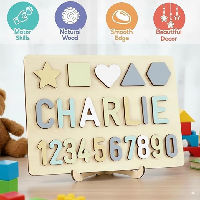 Name Puzzle for Kids Personalized Wooden Shapes Puzzles for Toddlers 1-3 Peg Puzzle Educational Toys Learning Number Customized Baby Gifts for Boys Girls First Birthday