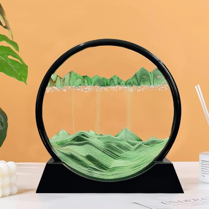 Aoderun Moving Sand Art Picture Round Glass 3D Deep Sea Sandscape in Motion Display Flowing Sand Frame Relaxing Desktop Home Office Work Decor (12", Green)