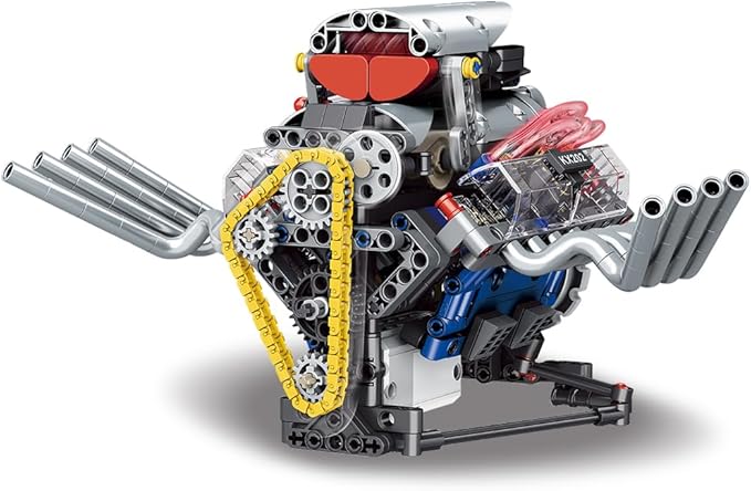 39005 V8 Engine Model Kit, Runnable, Build Your own STEM Visible Mini V8 Engine Model Kit with Lights, Adult and Adolescent Physics Science Experiment Building Block Set (665 Pcs)