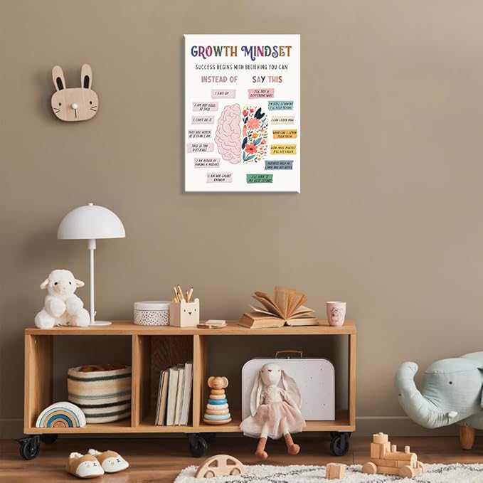 uoyien Growth Mindset Mental Health Posters Classroom Counseling Room Therapy Wall Decor Affirmations Quotes Canvas Wall Art Kids Special Educational Brain Neurodiversity Prints 12x16in Wood Framed