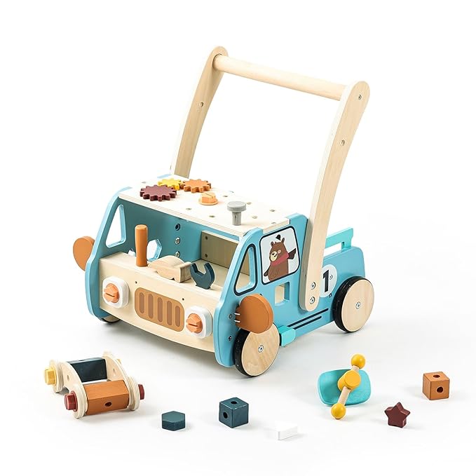 Wooden Baby Walker Adjustable Height with Tool Bench and Toy Storage Wagon - Multifunctional Toddler Push Walker Ergonomically Designed for Natural Walking - 3+ Years of Continuous Use