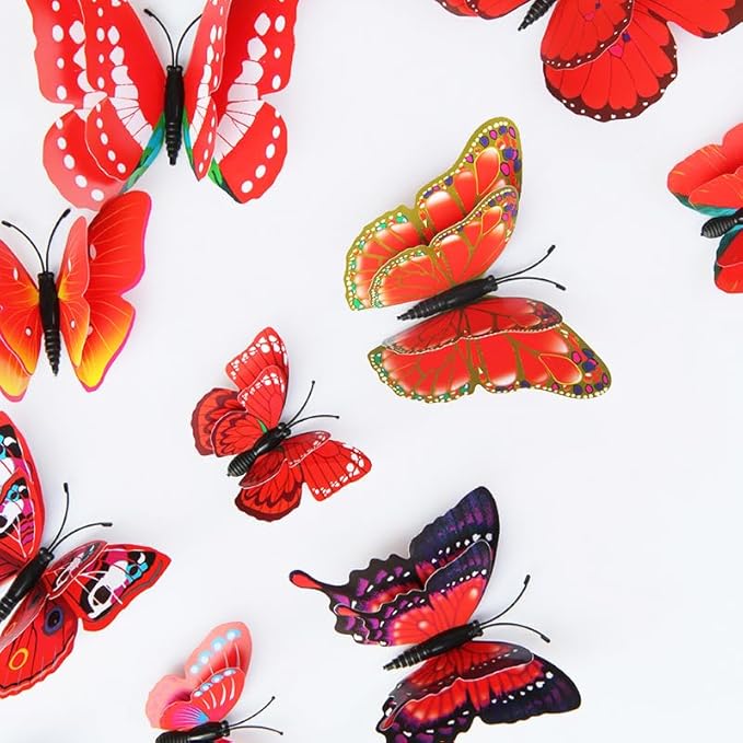 Mixed of 12PCS 3D Pink Butterfly Wall Stickers Decor Art Decorations¡­ (Red)