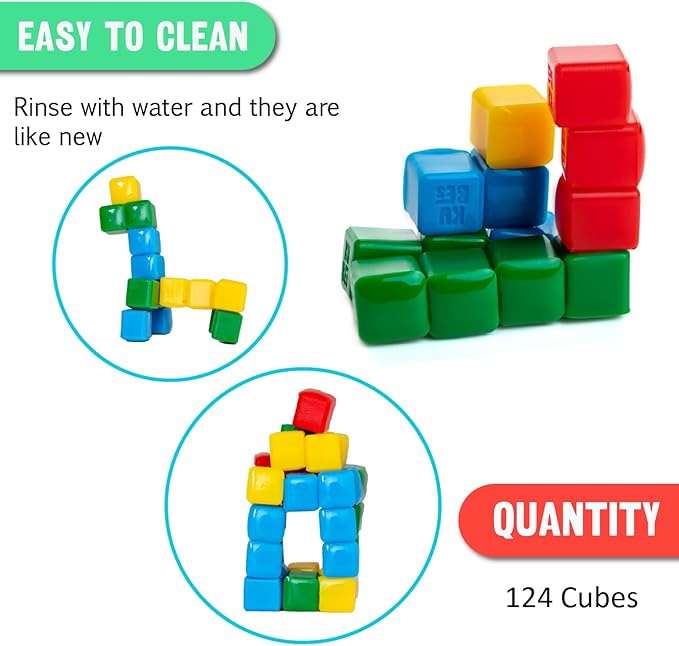 KOMARC GAMES StickiKubes, Mini Stacking Cubes That Stick to Anything, Non Toxic Kid Safe Sticky Blocks, Creative Construction Toy - 125 Cubes, 4 Colors, Tub
