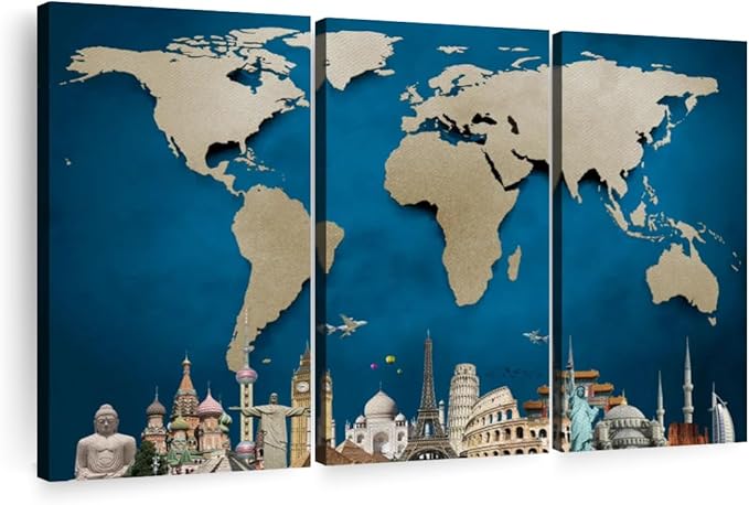 ElephantStock Ocean Blue World Map Multi Piece Canvas - 3 Panel Wall Decor - Map of the World Art - Canvas for the Office and Home - 65" X 42"