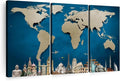 ElephantStock Ocean Blue World Map Multi Piece Canvas - 3 Panel Wall Decor - Map of the World Art - Canvas for the Office and Home - 74" X 48"