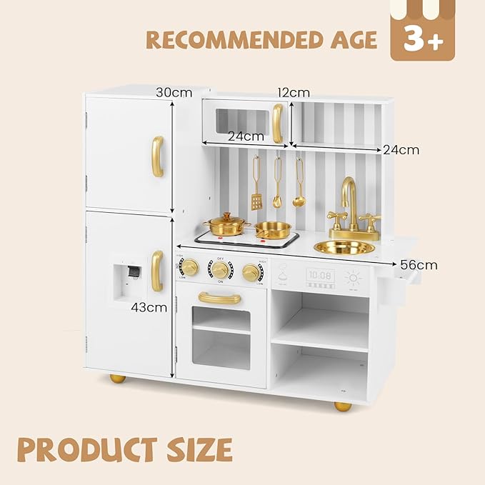 INFANS Kid Kitchen Playset, Toddler Wooden Pretend Cooking Set with Realistic Light & Sound, Stove, Sink, Microwave, Storage Cabinet, Play Kitchen Toy Set for Children Boys Girls (Gold)
