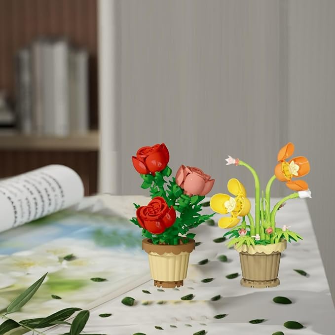 Party Favors for Kids, Tiny Plants Mini Flowers Building Blocks Set for Classroom Prize, Flowers Building Toy, Birthday Gifts for Boys Girls (Rose+Papaver rhoeas)