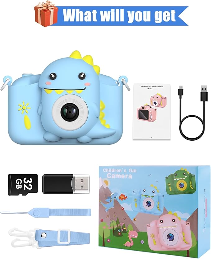 Dinosaur Kids Camera Toys, Birthday Graduation Gifts for Girls Boys 3-12, 1080P HD Selfie Digital Video Camera for Toddlers,Travel Gifts Dino Toys for 4 5 6 7 8 9 Years Old (Blue)