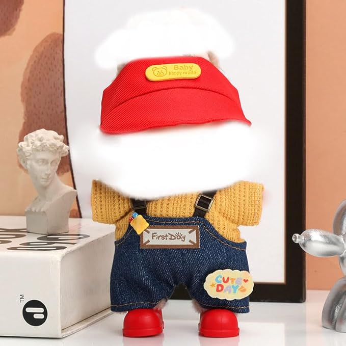 5 Pcs Set-17cm Doll Rabbit Bunny Clothes,Bucket Hat Sunhat+Glass Frame+Shirt+Overalls Trousers+Shoes,Fashionable Outfit for Dress up Unique Style, Doll Costume Cosplay Fashion Dresses-Set 7