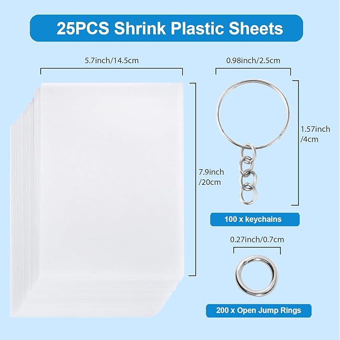 Auihiay 325PCS Shrink Plastic Sheets Kit - 25PCS Shrink Sheets + 100 Keychains and 200 Open Iron Ring, DIY Shrinky Paper Art Supplies for Jewelry, Keychain Making, DIY Mother's Day Crafts Gifts