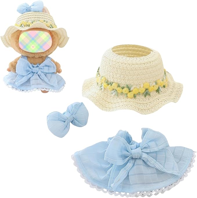 Clothes for Dolls Accessories (No Doll), Kawaii Hat Skirt Outfit Set 3 Pieces for 15cm 17cm Doll Suit, Stylish Bowknot Dolls Hat Clothing Set Replacement Blue