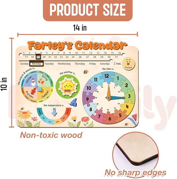 Interactive Calendar for Kids Ages 3+, Wooden Toddler Calendar, Teaching Seasons, Years, Months, Days of Week, Daily Activity Calendars for Kid Preschool & Homeschool (03 - Custom Name)