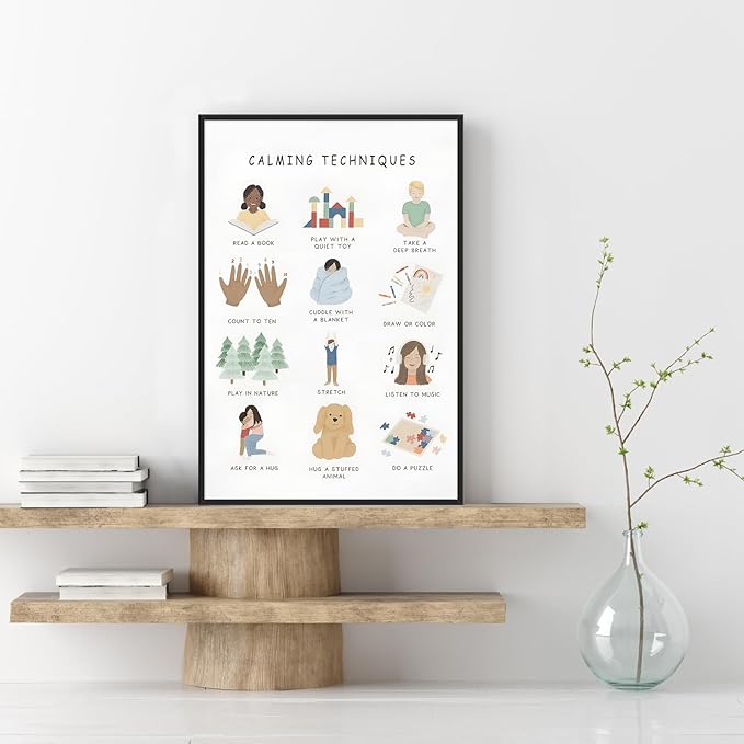 Feelings Calming Techniques Canvas Wall Art Calming Corner Classroom Mental health Posters Boho Emotions Chart for Kids Prints Special Education Wall Decor for Office School 20x30in BlackFramed