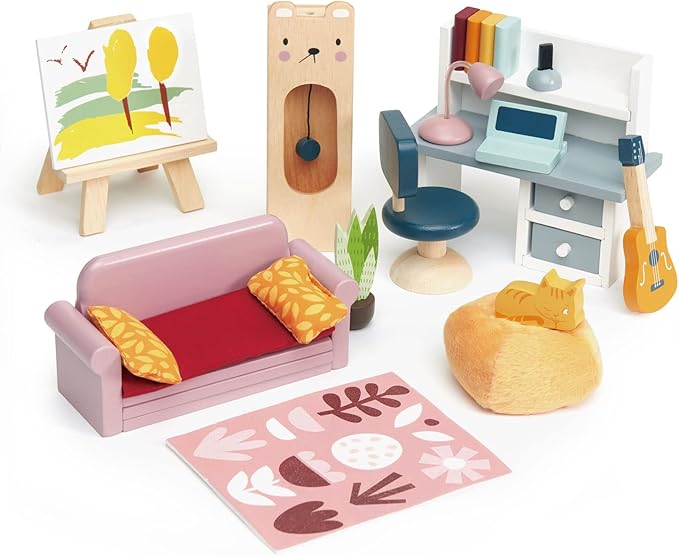 Tender Leaf Toys - Dolls House Study Furniture - 1:12 Scale 23 Pcs Furnished Study Room Dollhouse Accessories - Miniature Pretend Play - Age 3+