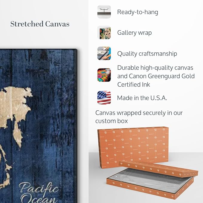 ElephantStock Aged Blue World Map II Canvas - 3 Panel Wall Decor - World Map Digital Art - Blue Wall Art - 38" X 24"