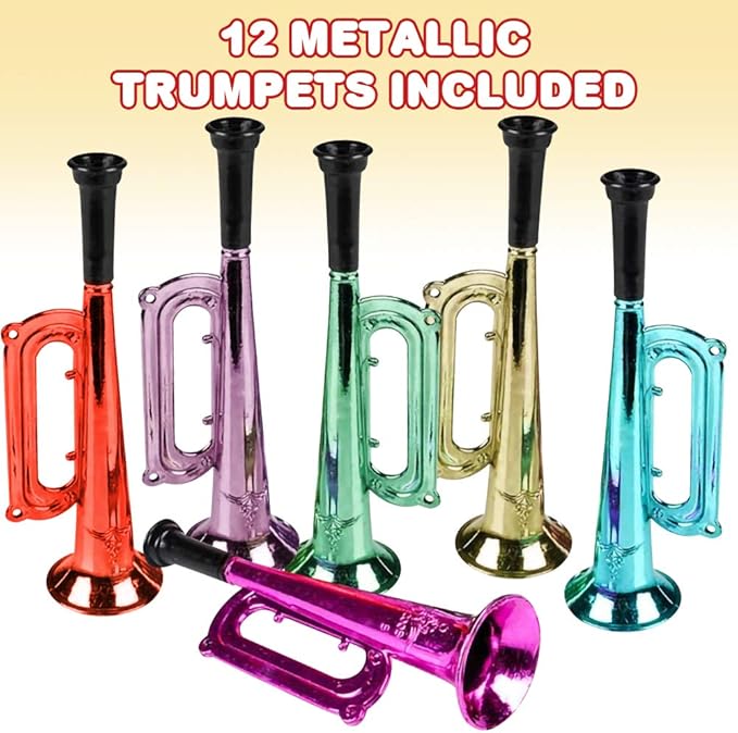 ArtCreativity 7 Inch Metallic Trumpets, Set of 12, Fun Plastic Musical Instruments Noise Makers for Parties and Events, Music Toys for Kids, Cool Birthday Party Favors for Boys and Girls