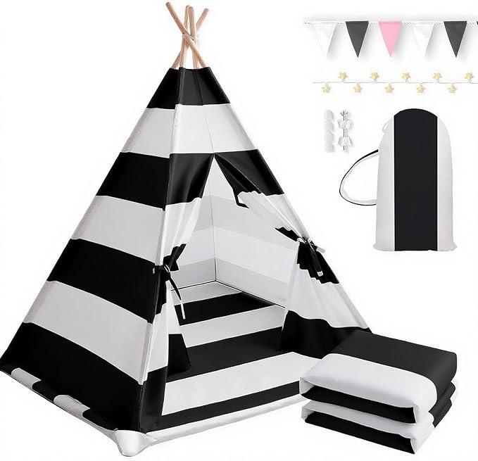 Teepee Tent for Kids with Padded Mat, Lights, and Carry Bag, Washable Playhouse for Indoor Use, Ideal Play Tent for Girls and Boys, Stripe Black
