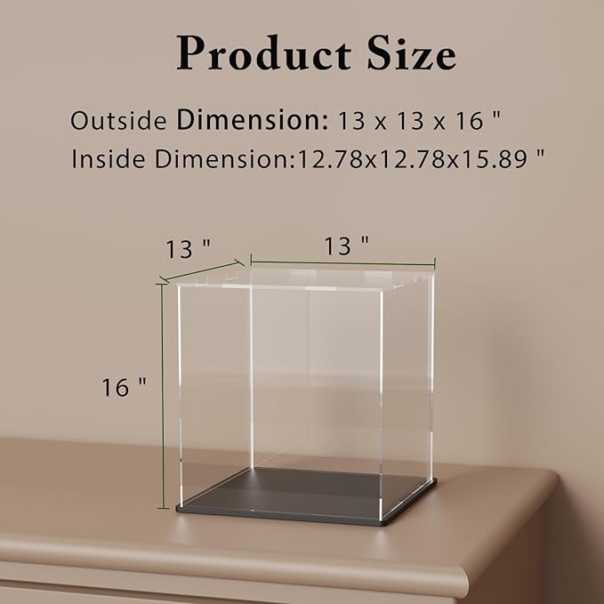 SVENJBB Large Display Case for Dolls, 13x13x16 Inch Acrylic Box for Trophy and Figures, Clear Acrylic Display Cases with Matte Black Base for Collection Protection and Storage
