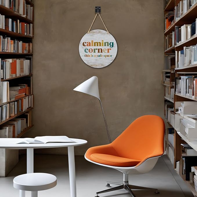 Calming Corner Hanging Wood Sign - Safe Space, School Counselor Office, Calm Down Corner, Boho 10x8 Round Plaque White