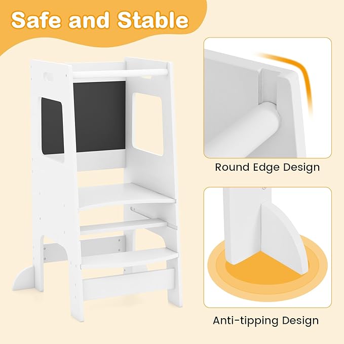 INFANS Toddler Standing Tower, Kids Montessori Kitchen Step Stool Helper with 2 Adjustable Height Learning Blackboard Safety Rail Wooden, Anti-Slip Mats, 1-3 Year Old Boy Girl Gifts (White)