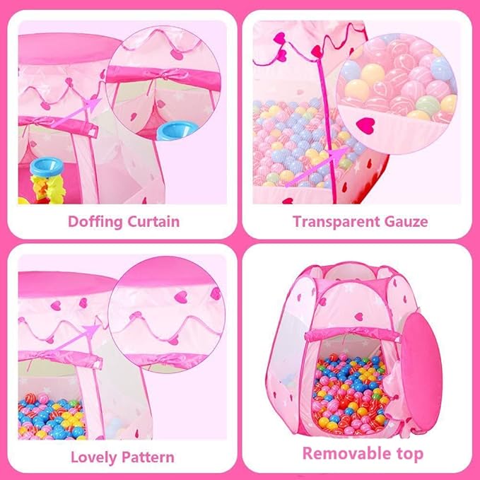 Pop Up Princess Tent with Star Light, Toys for Year Old Girl Birthday Gift, Ball Pit for Months Baby Girl Toys, Toddler Gift, Easy to Pop Up and Assemble(Pink)