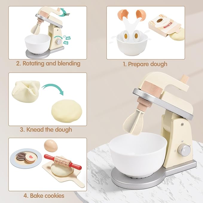 Giant bean Wooden Toy Mixer, Kids Play Kitchen Accessories, Pretend Play Toy Blender for Boys Girls Ages 3+