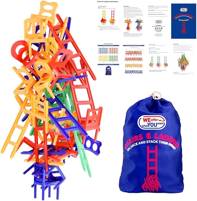 WEofferwhatYOUwant Chairs and Ladders Stacking Game – 44 Piece Balance Tower for Kids and Adults – Family Party Tabletop Game Night Fun – Dexterity Skill Building Travel Toy Ages 6+