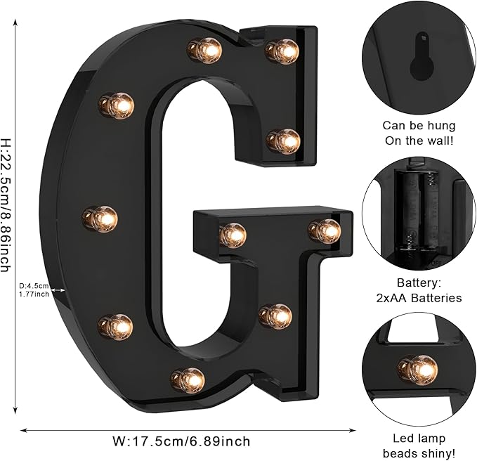 Foaky Black LED Letter Lights for Room Decor - Bedroom Wall Decor, Alphabet Lights for Home, Wedding, Party - Battery Operated （G）