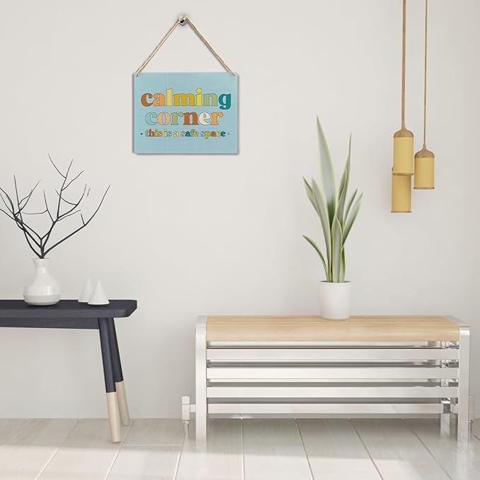 Calming Corner Hanging Wood Sign - Safe Space, Classroom Decor, School Counselor Office, Calm Down Corner Decorations, Boho Style (Blue), 10x8
