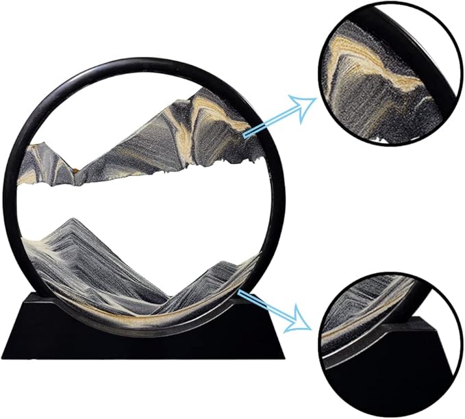 Aoderun Moving Sand Art Picture Round Glass 3D Deep Sea Sandscape in Motion Display Flowing Sand Frame Relaxing Desktop Home Office Work Decor (7", New Black)