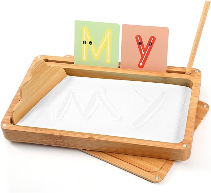 Sand Tray for Classroom Wooden Montessori Sand Tray with Lid for Kids Writing Letters and Numbers, Preschool Classroom Must Haves, Kindergarten Learning Tools (White)