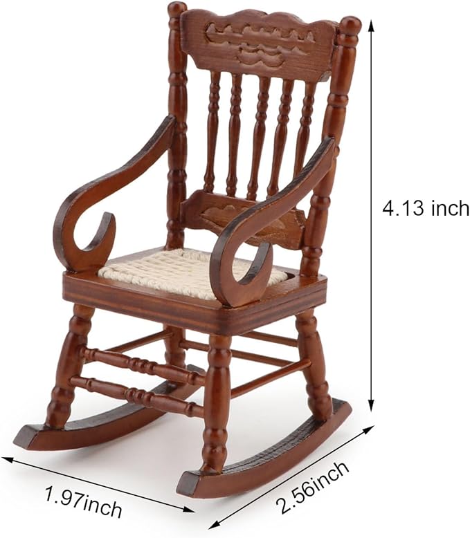 Dollhouse Miniature Rocking Chair 1:12 Scale Wooden Furniture Accessories Tiny Mini House Home Outdoor Cake Topper Decoration Model Living Room Scene Christmas Craft Displays (Brown)