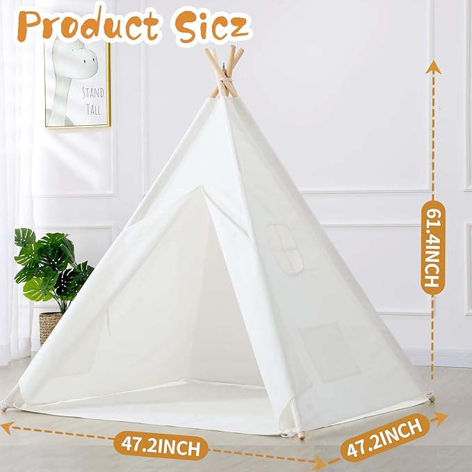 Sumbababy Kids Teepee Tent - Natural Canvas Playhouse with Fringe, Washable Fabric, Tipi Sleepover Tent, Includes Carry Bag, Lights & Colorful Flags - Perfect for Indoor & Outdoor Fun