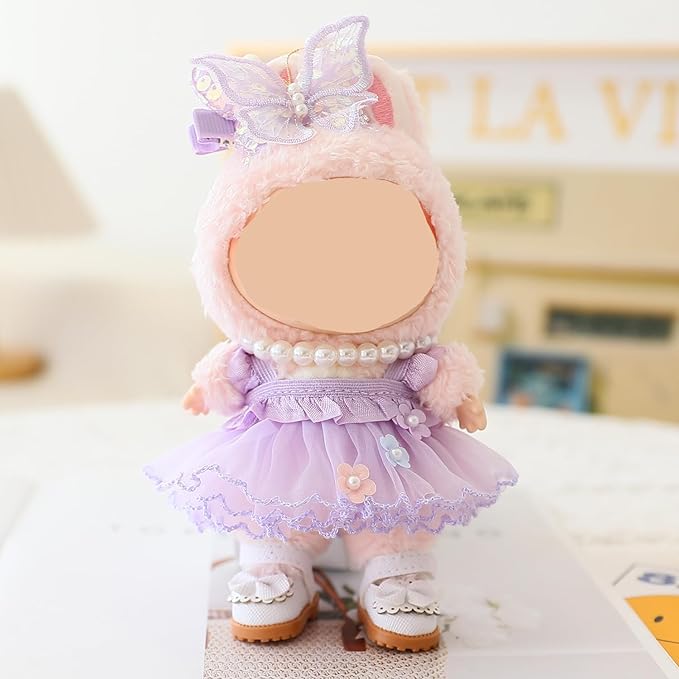 Clothes for Labubu Doll,Clothes for Dolls Accessories,Butterfly Tulle Skirt Purple 5 Pieces Outfit Set Suitable for Labubu 15cm 17cm Doll,Adorable Dress-Up Accessories for Labubu Doll