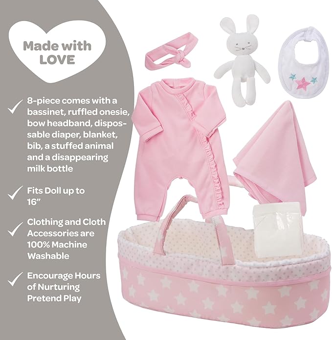 Adora Adoption Babies Essentials, 8-Piece Adoption Baby Doll Accessories and Bunny Toy includes Pink Bassinet, Ruffled Onesie, Headband, Blanket, and Bottle Birthday Gift For Ages 3+ - It's A Girl