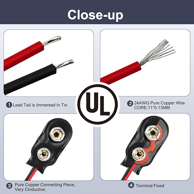 CHANZON UL Wires 20PACK 9v Battery Dual Connector Clip UL Wires I Type Snap with Pigtail Housing Soft Leather Leads Wires for Adapter Replacement Terminal