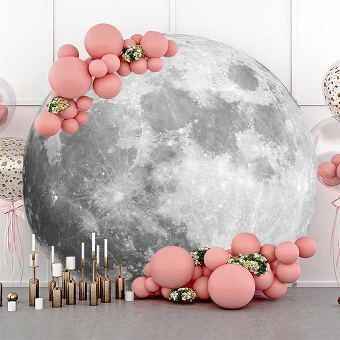 AOFOTO Lunar Surface Round Backdrop Outer Space Background Cover Universe Moon Surface Mysterious Cosmic Planet Photography Background Children Kids Birthday Party Art Portrait Photo Props 7.5x7.5ft