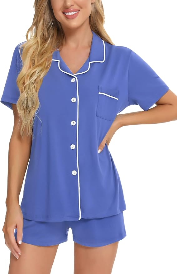 SWOMOG Womens Button Down Pajamas Set Short Sleeve Sleepwear Bride Soft Pj Lounge Sets XS-3XL