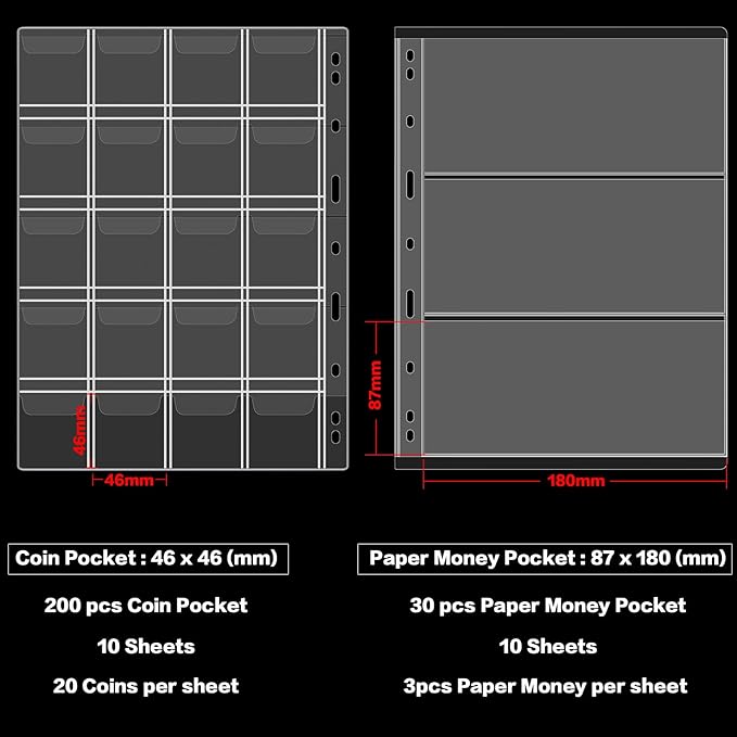 Coin Collection Book Holder for Collectors, 200 Pockets Coins Collecting Album & 30 Sleeves Paper Money Display Storage Case for Currency Collection Supplies (200+30 paper money binder)-Blue