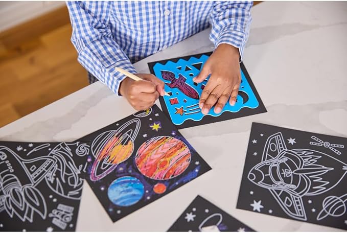 Crocodile Creek Space Sparkle Scratch Art for Kids - 16-Sheet Scratch Art Set with 10 Themed Sheets, 5 Blank Sheets, Stencil, and Stylus - Thoughtful Stocking Stuffers, Gifts, Art Supplies for Kids